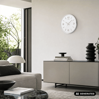 Wanduhr an der Wand über einer Kommode, silberner Rahmen, weißes Zifferblatt mit Zahlen