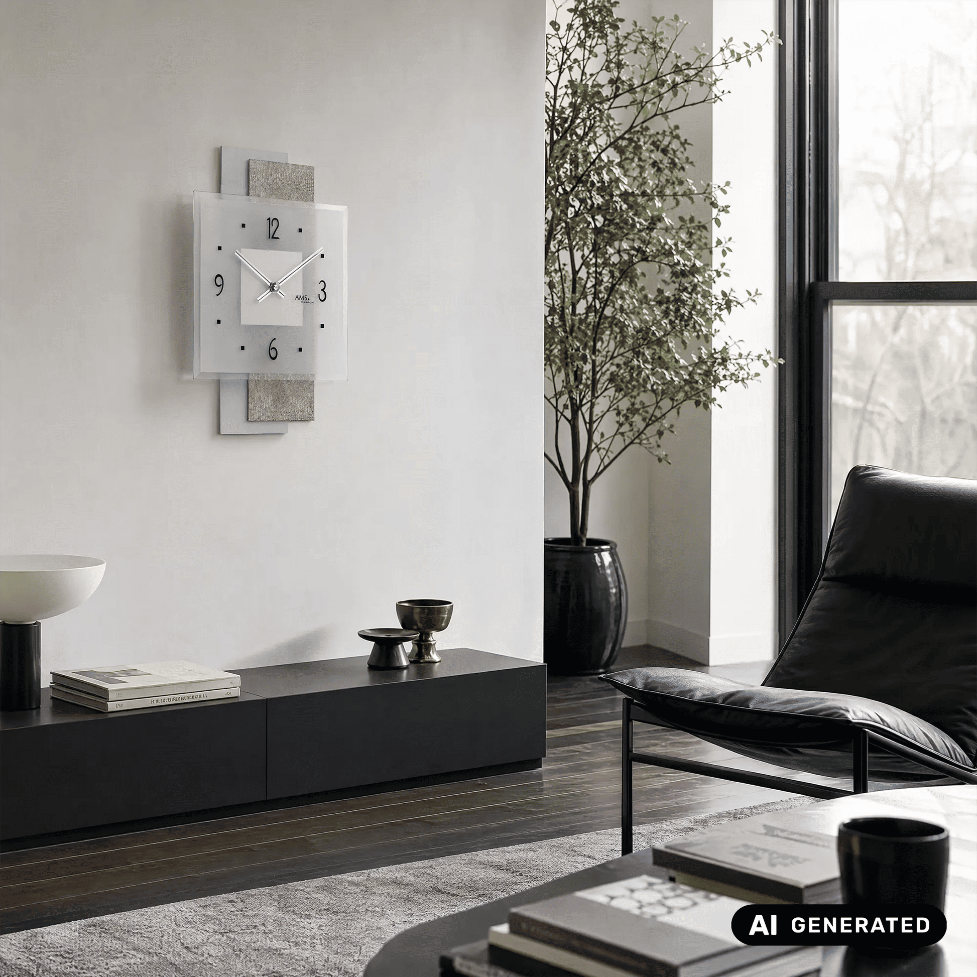 Wanduhr an der Wand mit weißem Zifferblatt, grauen Elementen, silbernen Zeigern und Ziffern