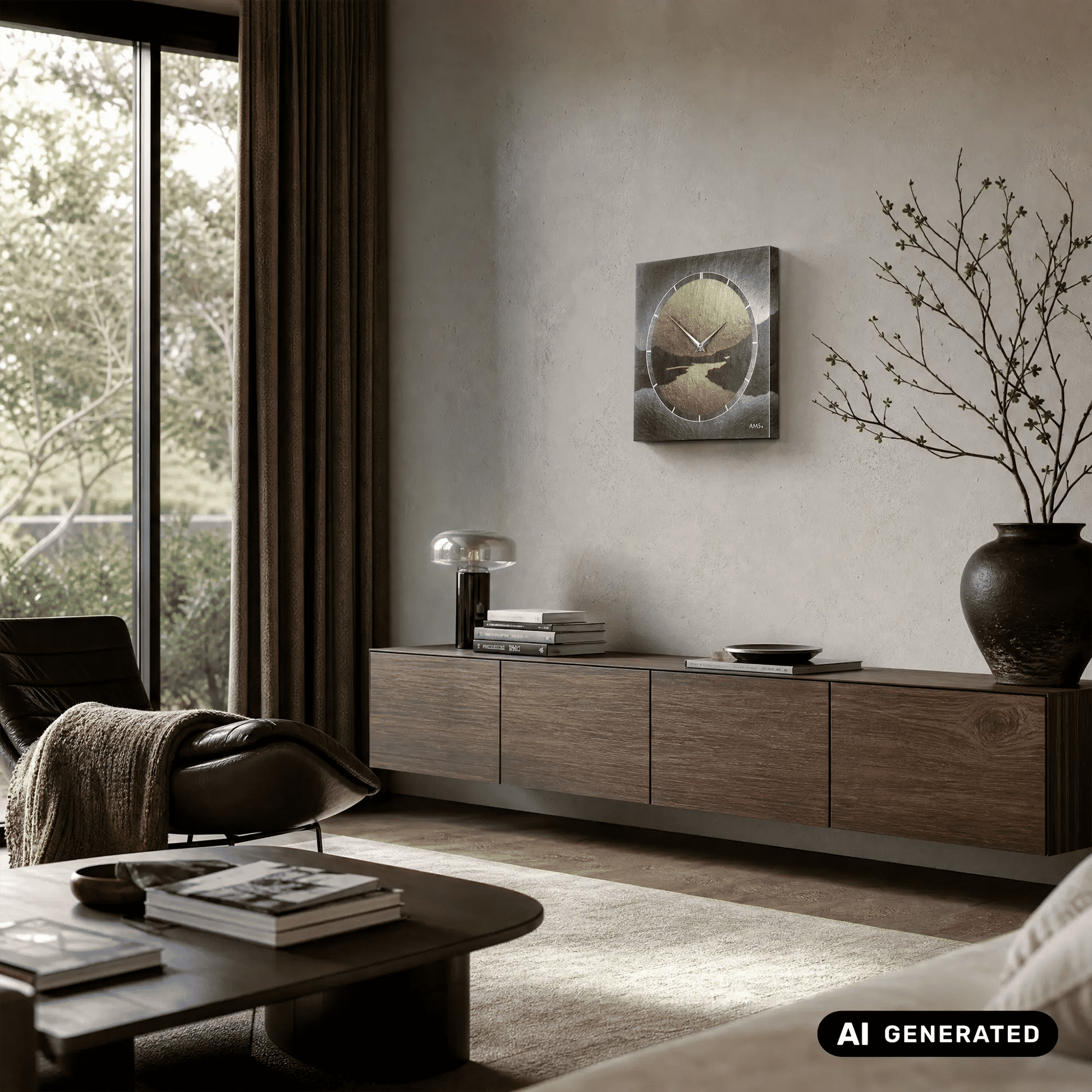 Wanduhr aus Naturschiefer mit quadratischem Rahmen und rundem Ziffernblatt, Airbrush-Motiv