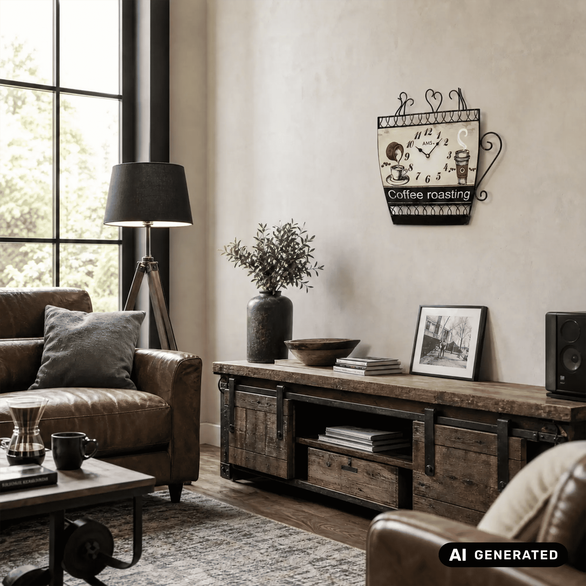 Wanduhr im Kaffeeröstung-Design an der Wand, schwarz eingefasst, Analogziffern