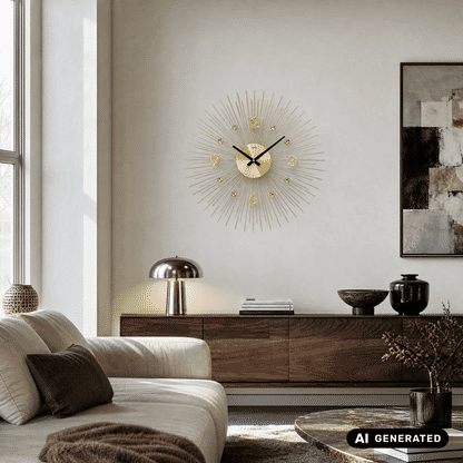 Goldene Wanduhr mit Sonnenschein-Strahlen, schwarzen Zeigern und Ziffern