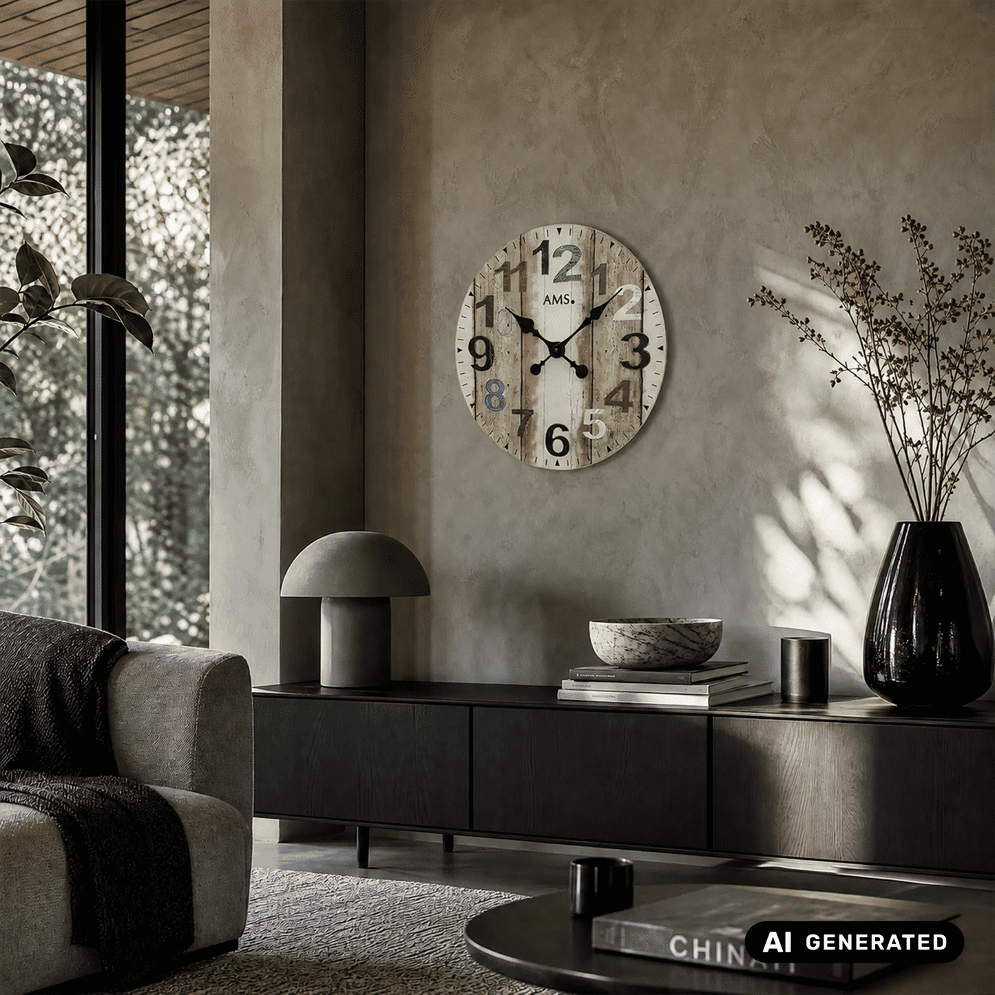 AMS W9650 Wall Clock Printed Brownish • Quartz Movement • Mineral Glass