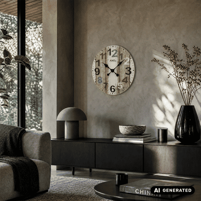 AMS W9650 Wall Clock Printed Brownish • Quartz Movement • Mineral Glass