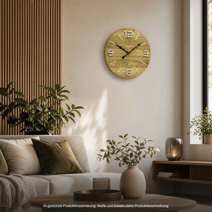 Round wall clock on the wall with wood-look dial, metal numbers, and anthracite hands