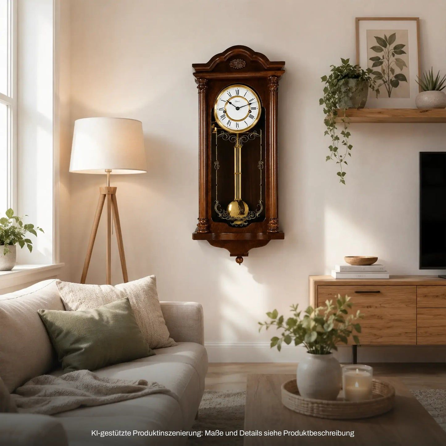 Wanduhr aus dunkelbraunem Holz mit goldenem Pendel und Ziffernblatt, an der Wand
