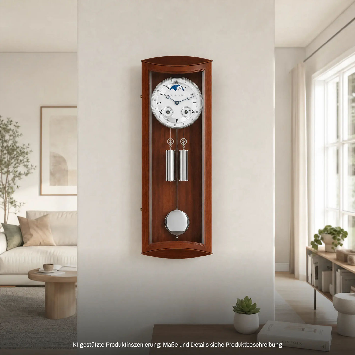 Holz-Wanduhr mit rundem Zifferblatt, Glasfront und zwei Pendelgewichten im Uhrgehäuse