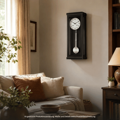 Wanduhr an der Wand mit dunklem Holzgehäuse, großem Zifferblatt und schwingendem Pendel