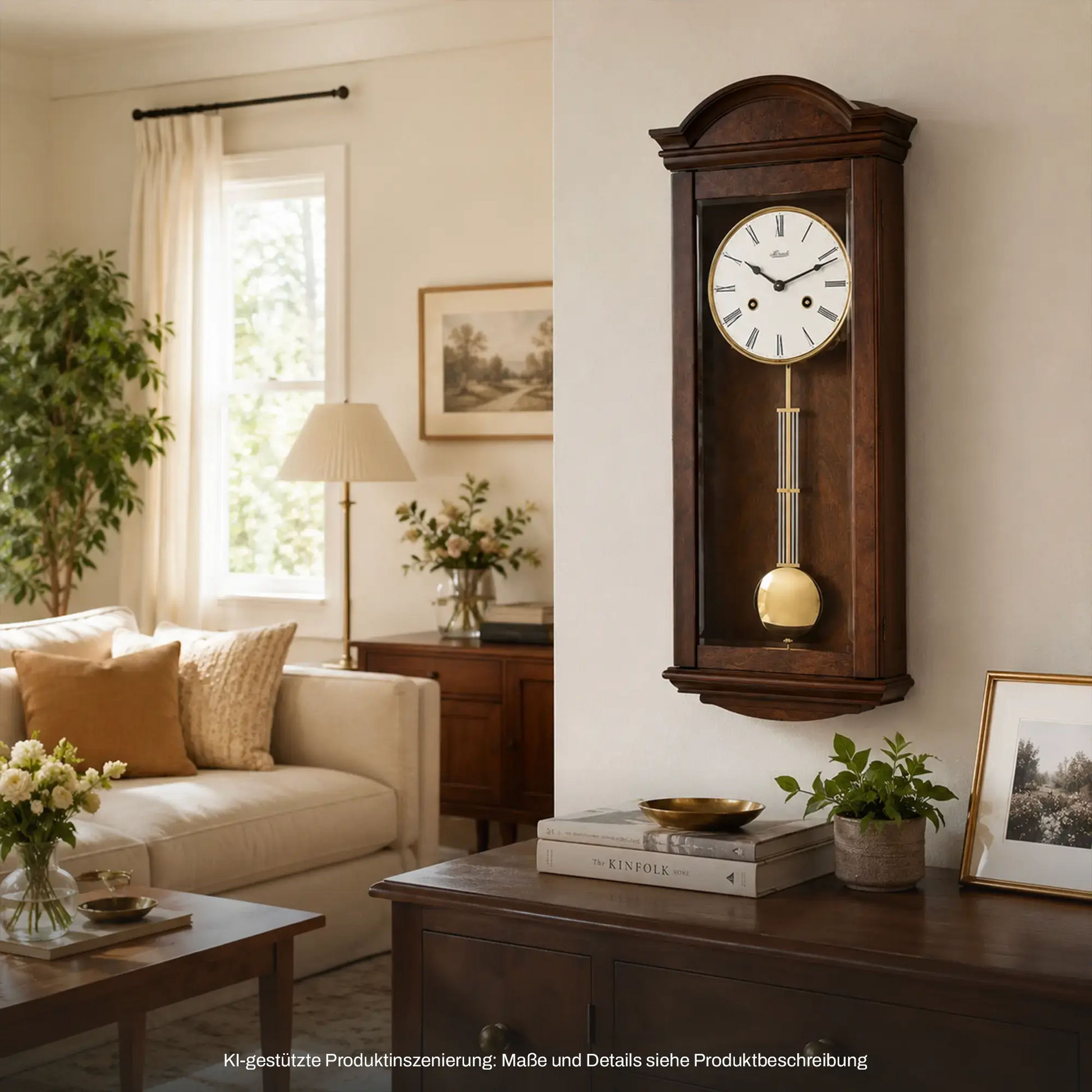 Wanduhr aus dunklem Holz mit rundem Zifferblatt und Pendelgewicht