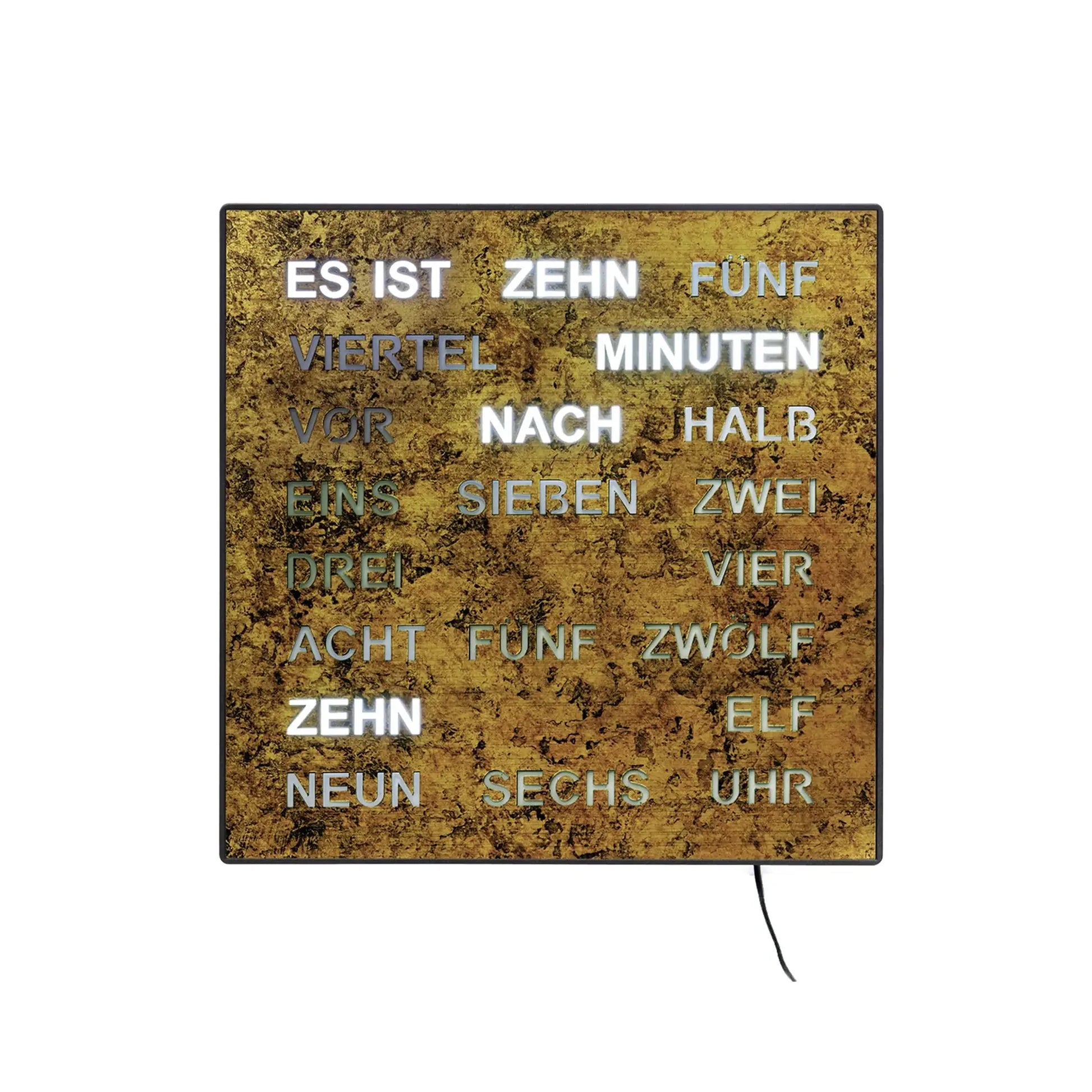 AMS Wortuhr mit LED-Anzeige im goldbraunen Gehäuse, mit angeschlossenem Kabel