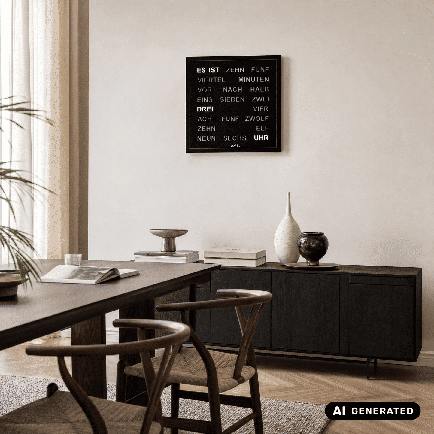 AMS T1265 Wall Clock Black • Word Clock with LED Display • 220V Mains Powered