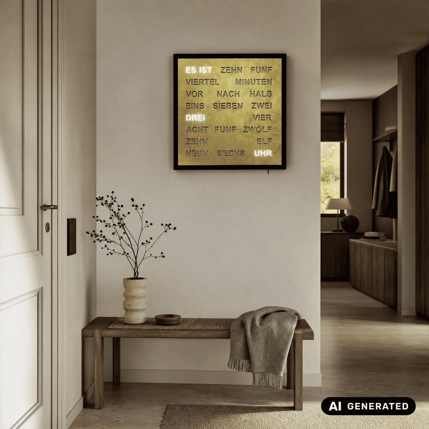 AMS T1271 Wall Clock Antique Brass • Word Clock with LED Display • 220V Mains Operated