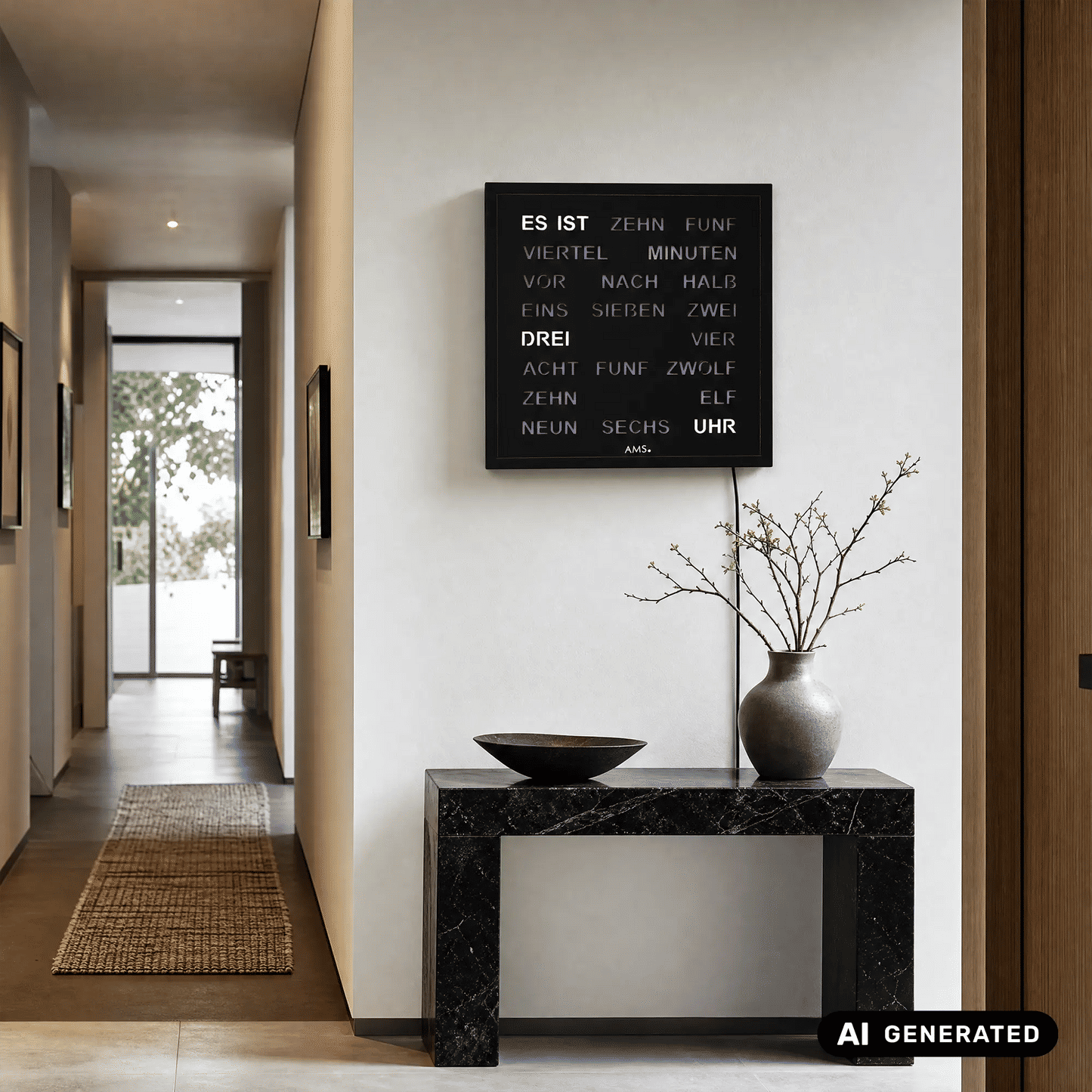AMS T1265 Wall Clock Black • Word Clock with LED Display • 220V Mains Powered