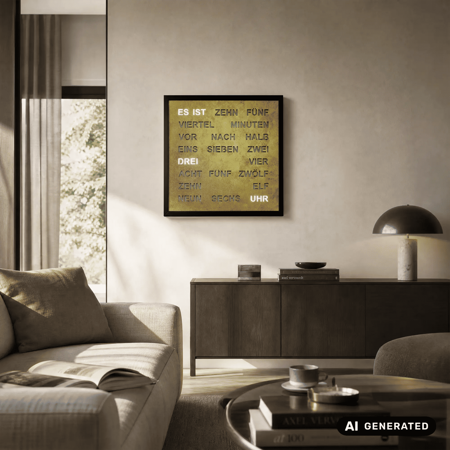 AMS T1271 Wall Clock Antique Brass • Word Clock with LED Display • 220V Mains Operated