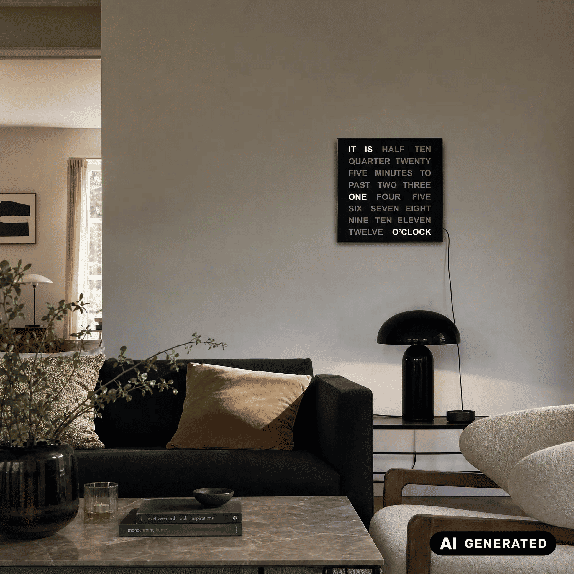 Schwarze LED-Wortuhr mit leuchtendem Text an der Wand