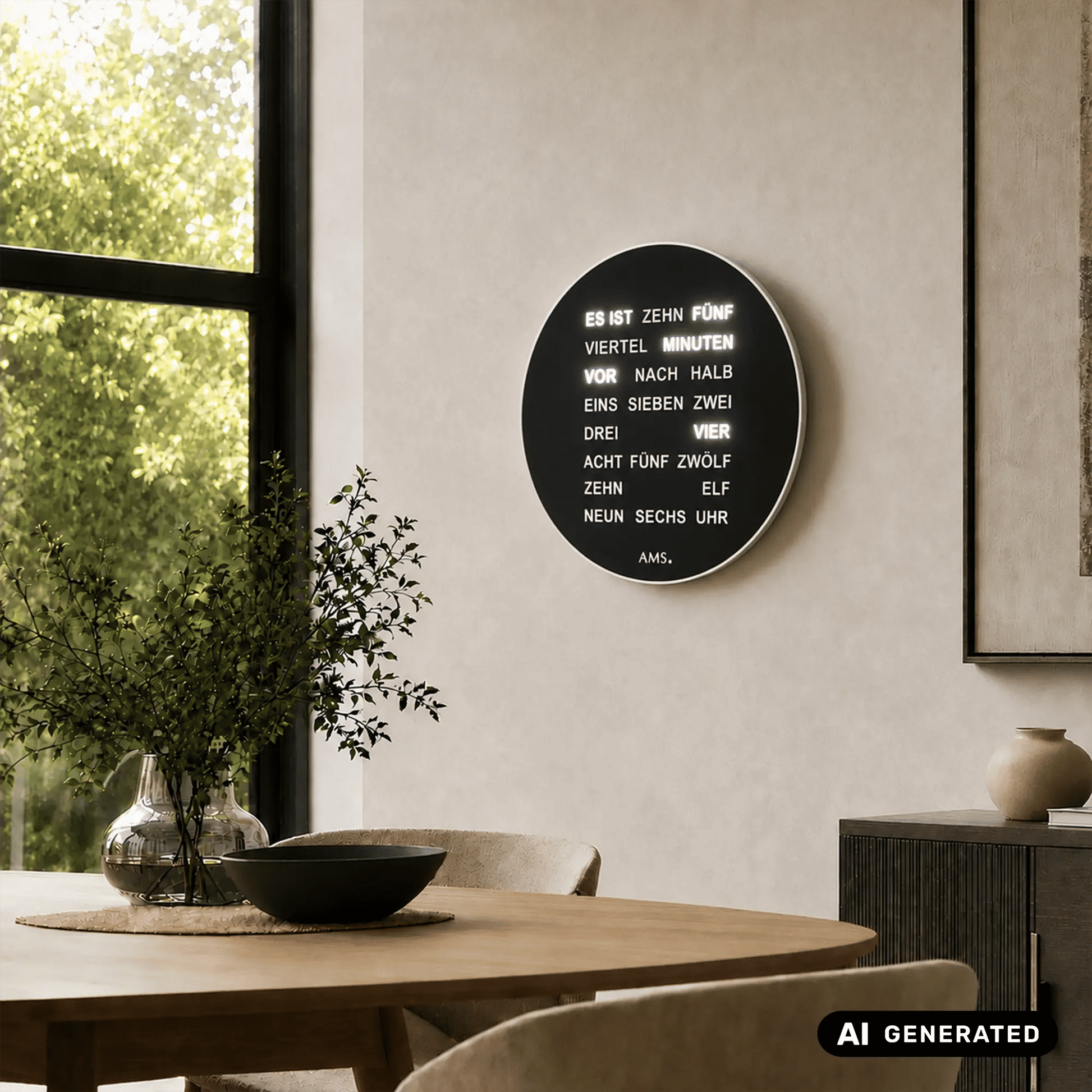 Runde schwarze AMS Quarz-Tisch- und Wanduhr mit Textanzeige, an Wand montiert