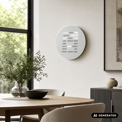 Runde LED-Wortanzeige-Wanduhr in Alu-Optik mit Leuchttext, flach an der Wand
