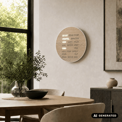 Wanduhr mit rundem Holzoptik-Ziffernblatt und LED-Wortanzeige, leuchtender Text