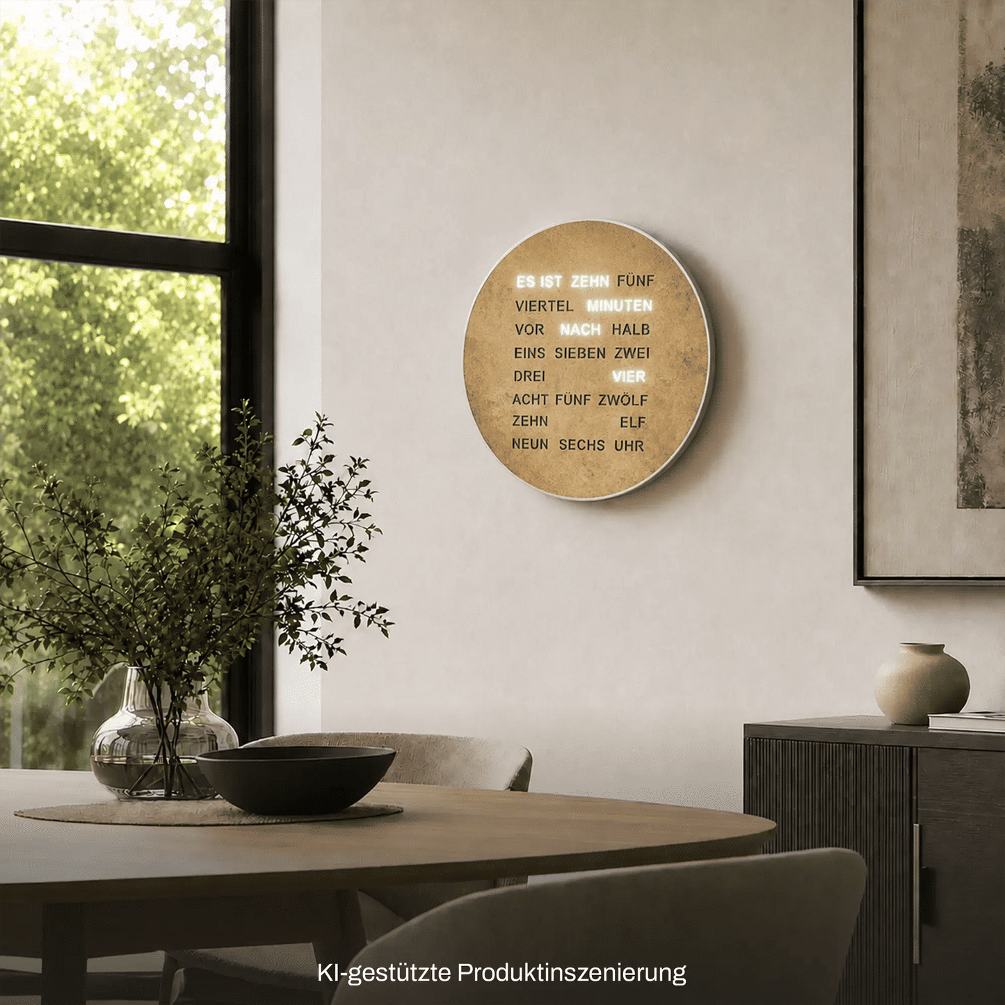 Runde Wanduhr mit Wortzeitanzeige, Altmessing-Optik, flach an der Wand befestigt