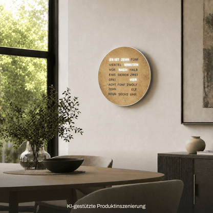 Runde Wanduhr mit Wortzeitanzeige, Altmessing-Optik, flach an der Wand befestigt