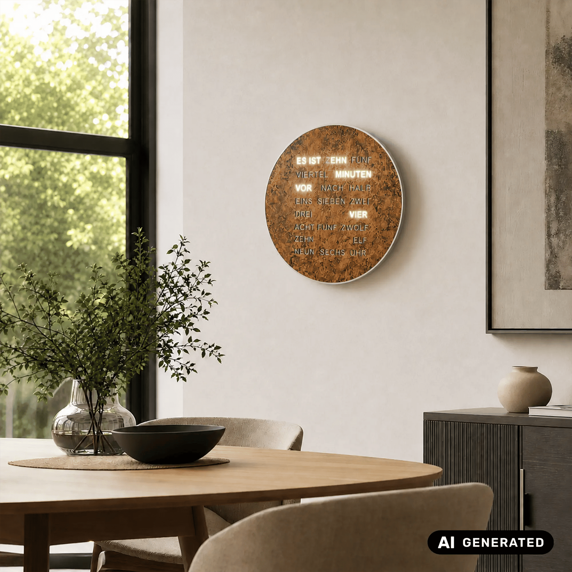 Wanduhr: runde LED-Wortuhr im Kupfer-Look mit beleuchteter Schrift an der Wand.
