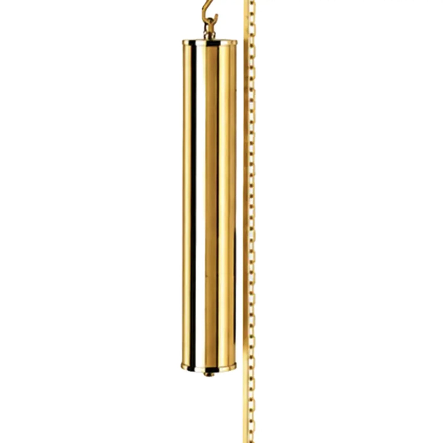 Wanduhr-Antrieb: goldene Zylinderform oben, Kettenzug und Aufhängung