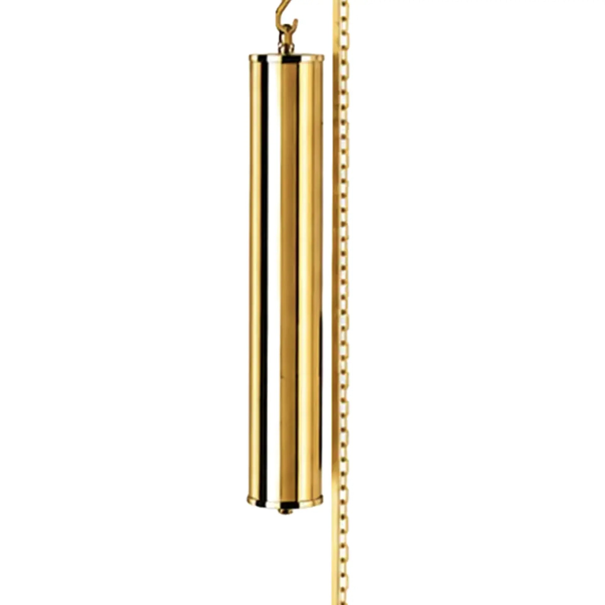 Wanduhr-Antrieb: goldene Zylinderform oben, Kettenzug und Aufhängung