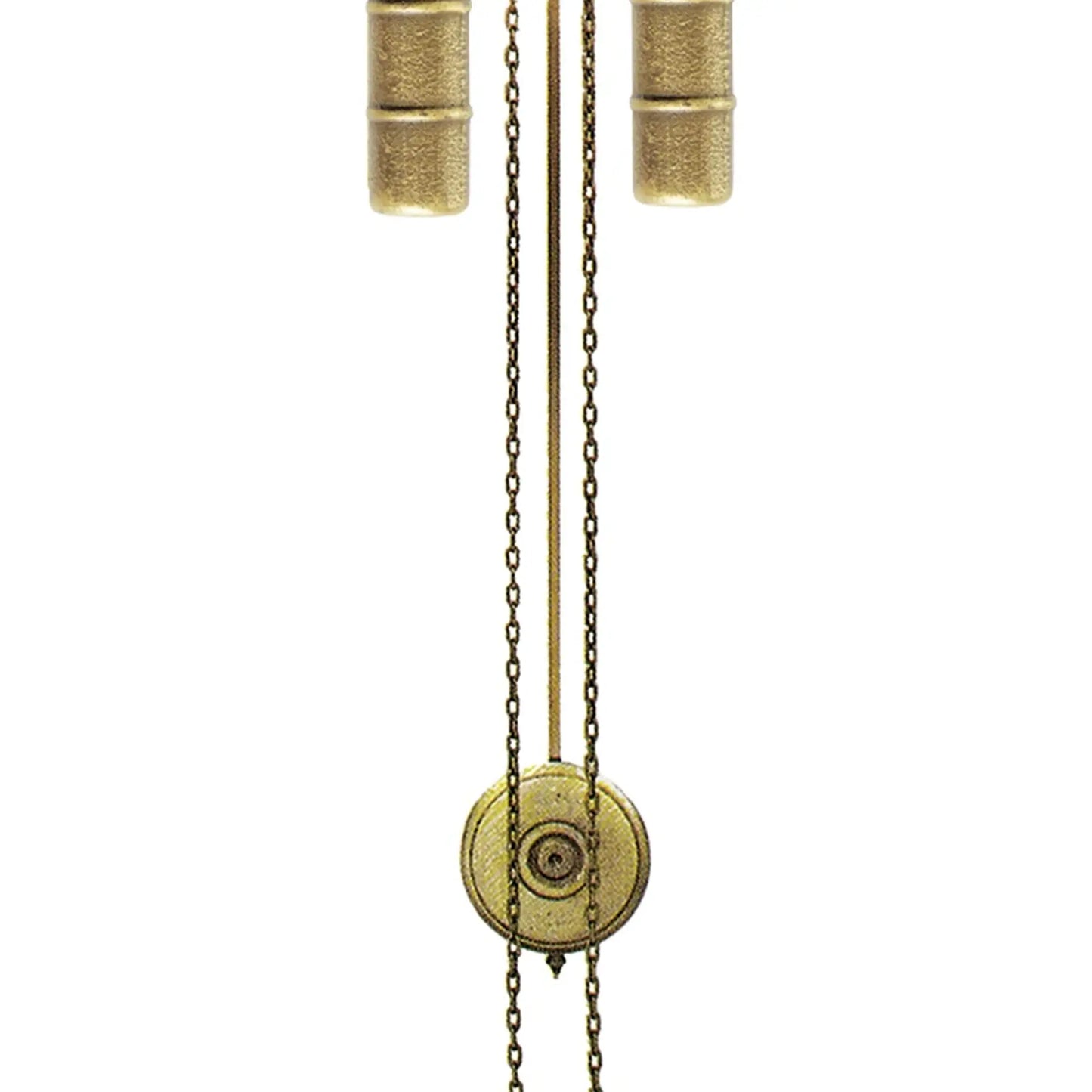 Kettenzug der Wanduhr mit goldenem rundem Pendelteil und zwei Metallketten