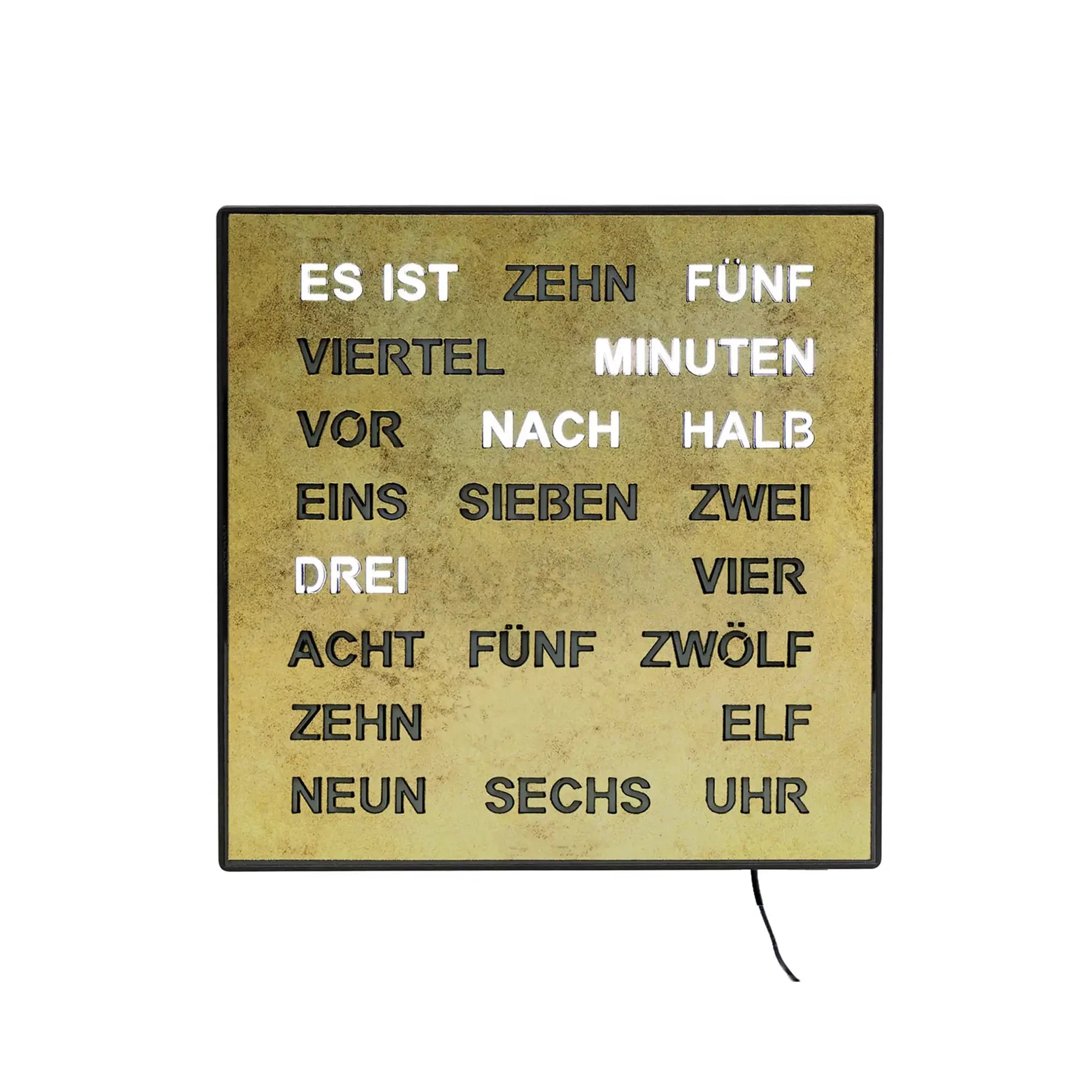 Wanduhr-Wortuhr mit LED-Anzeige, goldfarbene Tafel, schwarzer Rahmen, Zeitwörter leuchten