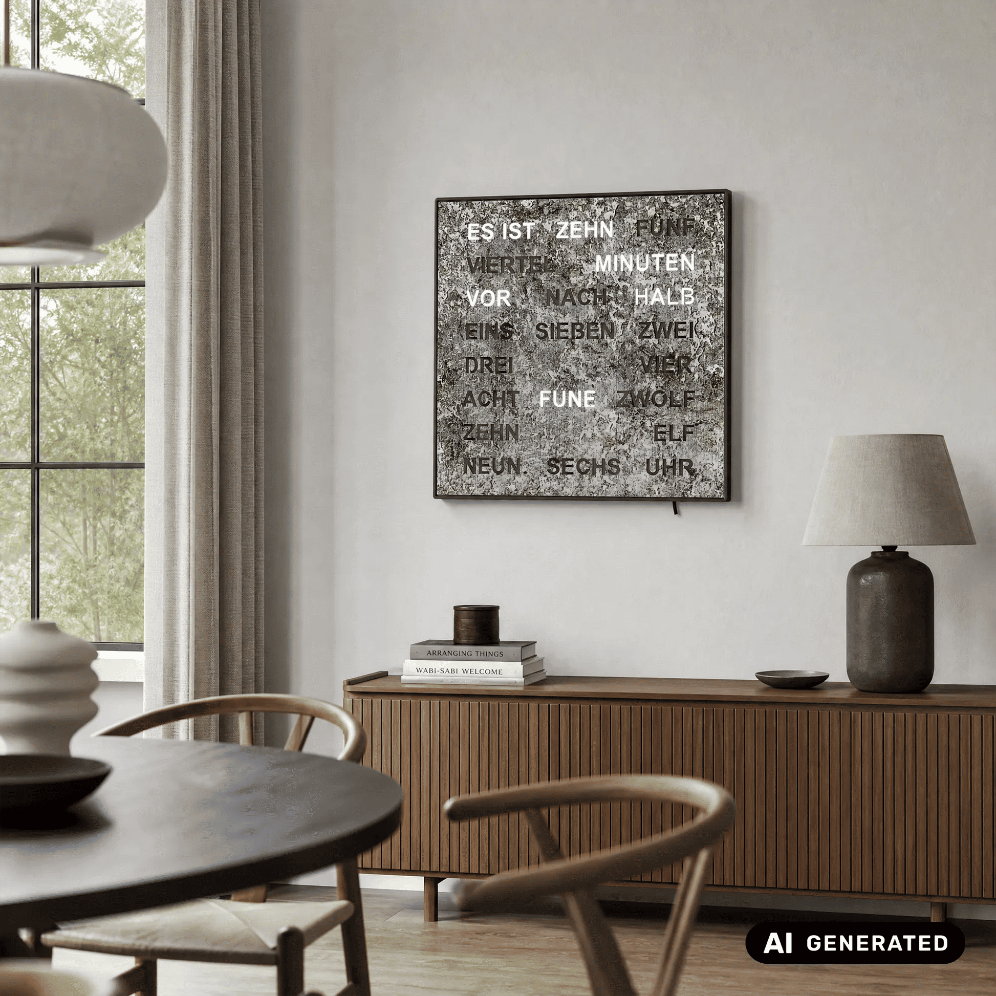 Wanduhr Wortuhr mit LED-Anzeige: quadratische Metallplatte an der Wand mit leuchtenden Worten