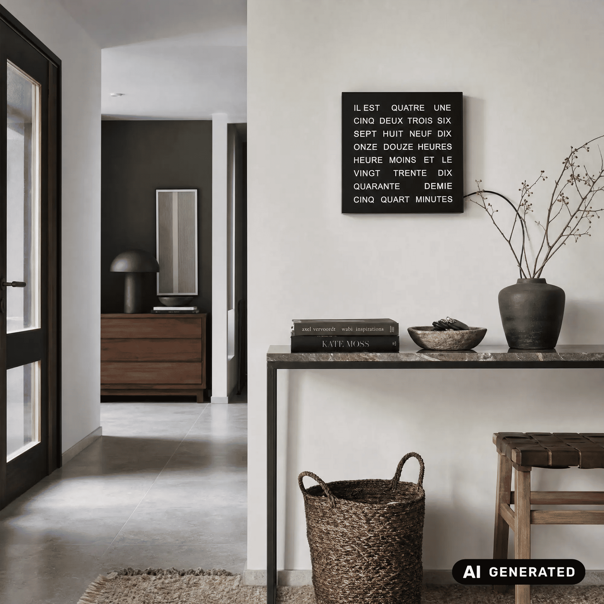 Schwarze Wortuhr an der Wand mit LED-Textanzeige, quadratisch