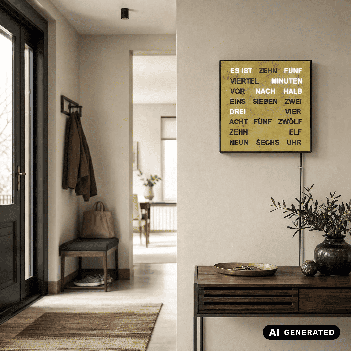 Wortuhr mit LED-Display an der Wand: goldene Anzeigetafel, schwarzer Rahmen, Uhrzeit in Worten