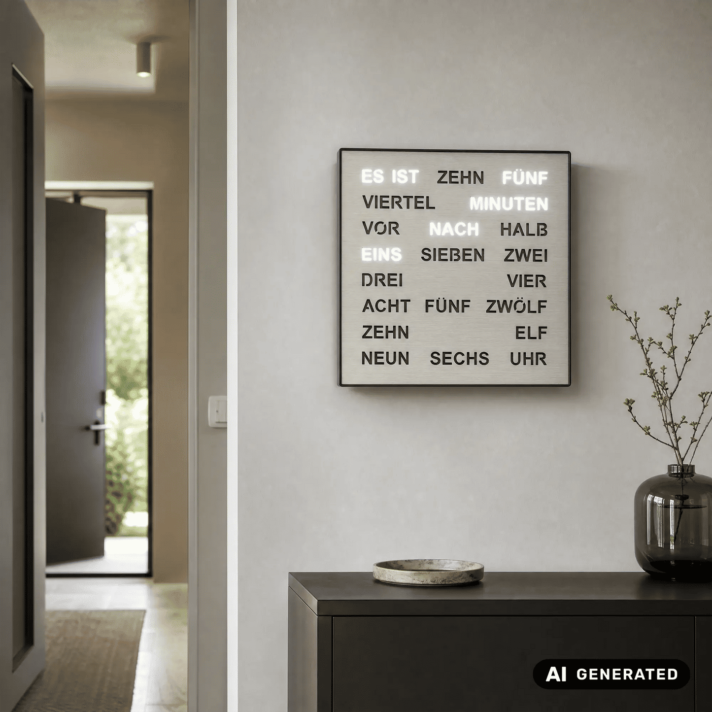 AMS T1245 Wall Clock Aluminum • Word Clock with LED Display • Mains and Wall Operation