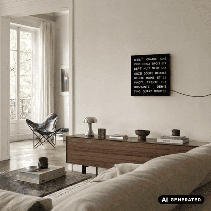 Schwarze Wortuhr Wanduhr mit LED-Anzeige, quadratisches Gehäuse an der Wand