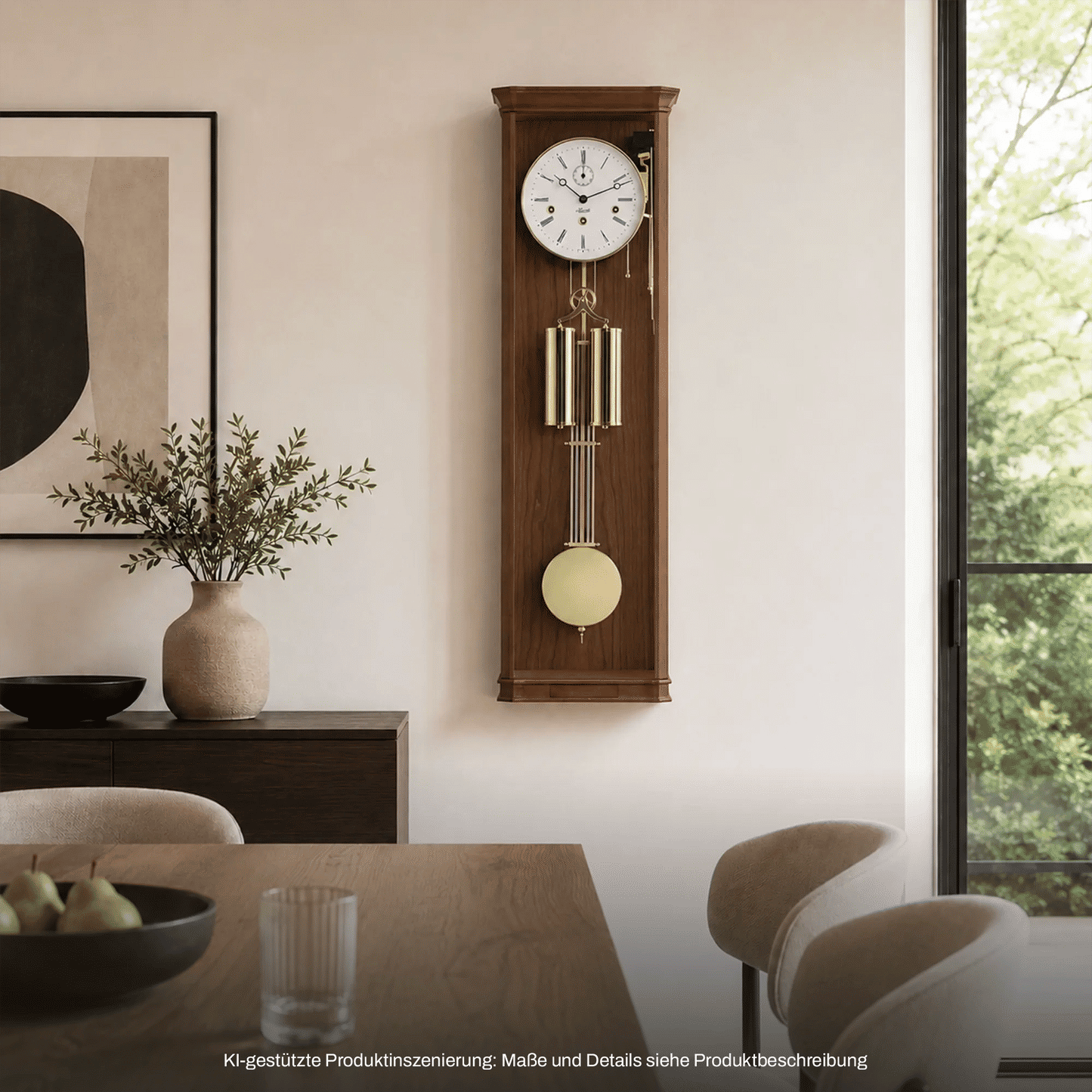 Holzwanduhr aus Holz mit rundem Zifferblatt und goldfarbenem Gong-Gestell