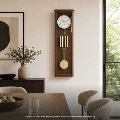 Holzwanduhr aus Holz mit rundem Zifferblatt und goldfarbenem Gong-Gestell
