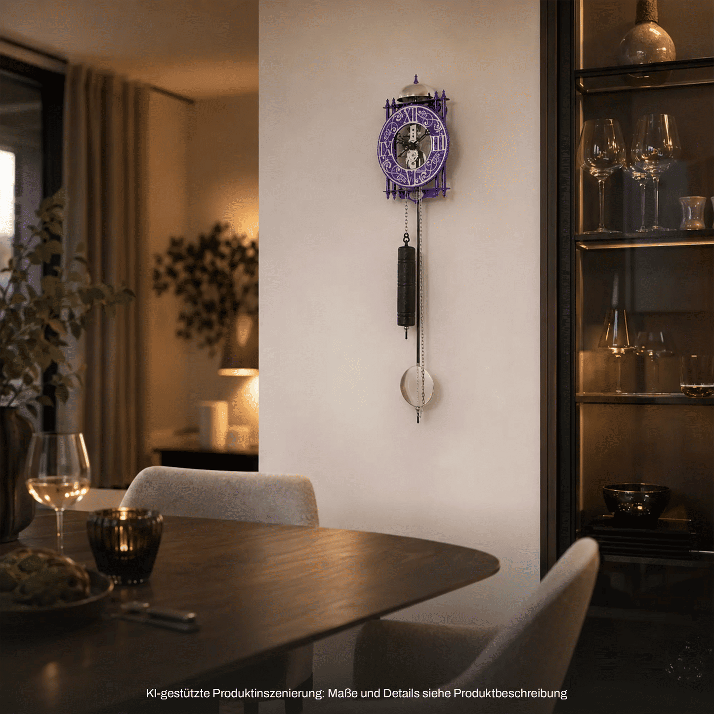 Wanduhr mit Skelett-Design, violettem Zifferblatt und Pendelgewicht an der Wand
