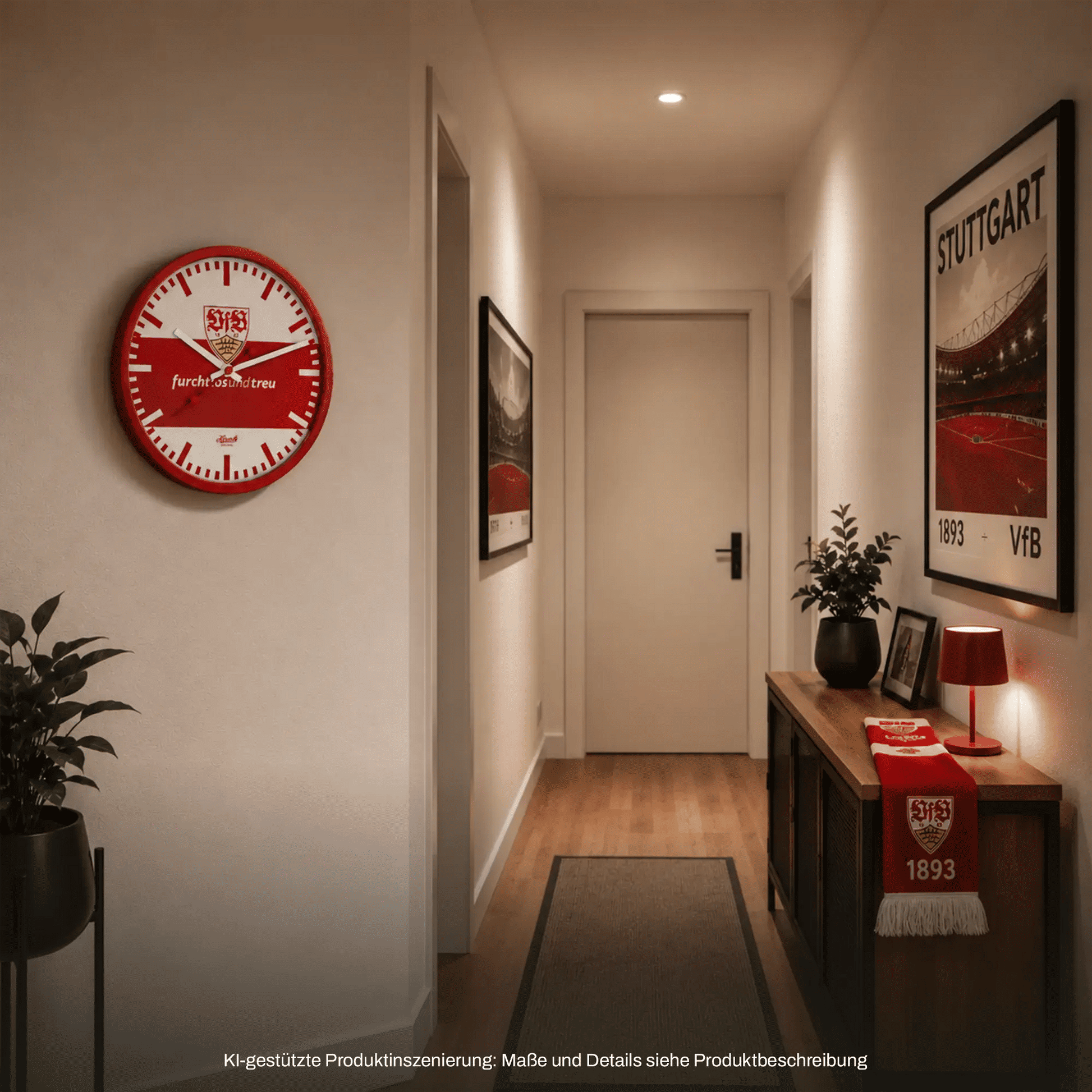 Runde Wanduhr an der Wand mit rotem Rahmen, weißen Zeigern und VfB-Stuttgart-Emblem