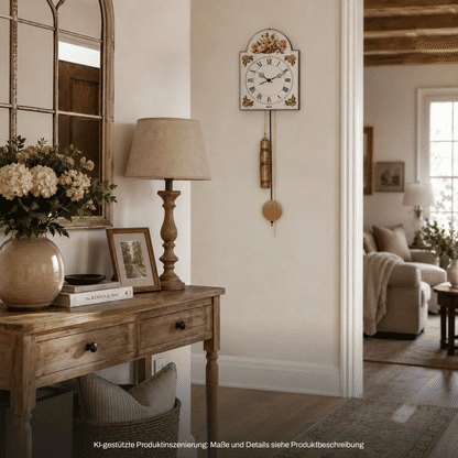 Wanduhr aus Holz mit floralem Zifferblatt, sichtbarem Messingpendel und Pendellot
