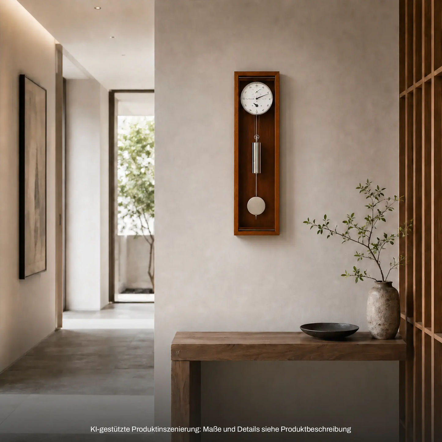 Wandmontierte Holz-Wanduhr mit rundem Zifferblatt, Zeigern und Pendelmotiv