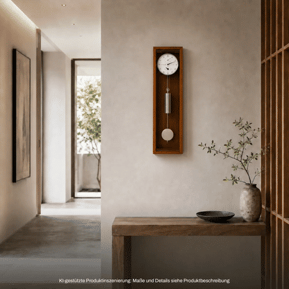 Wandmontierte Holz-Wanduhr mit rundem Zifferblatt, Zeigern und Pendelmotiv