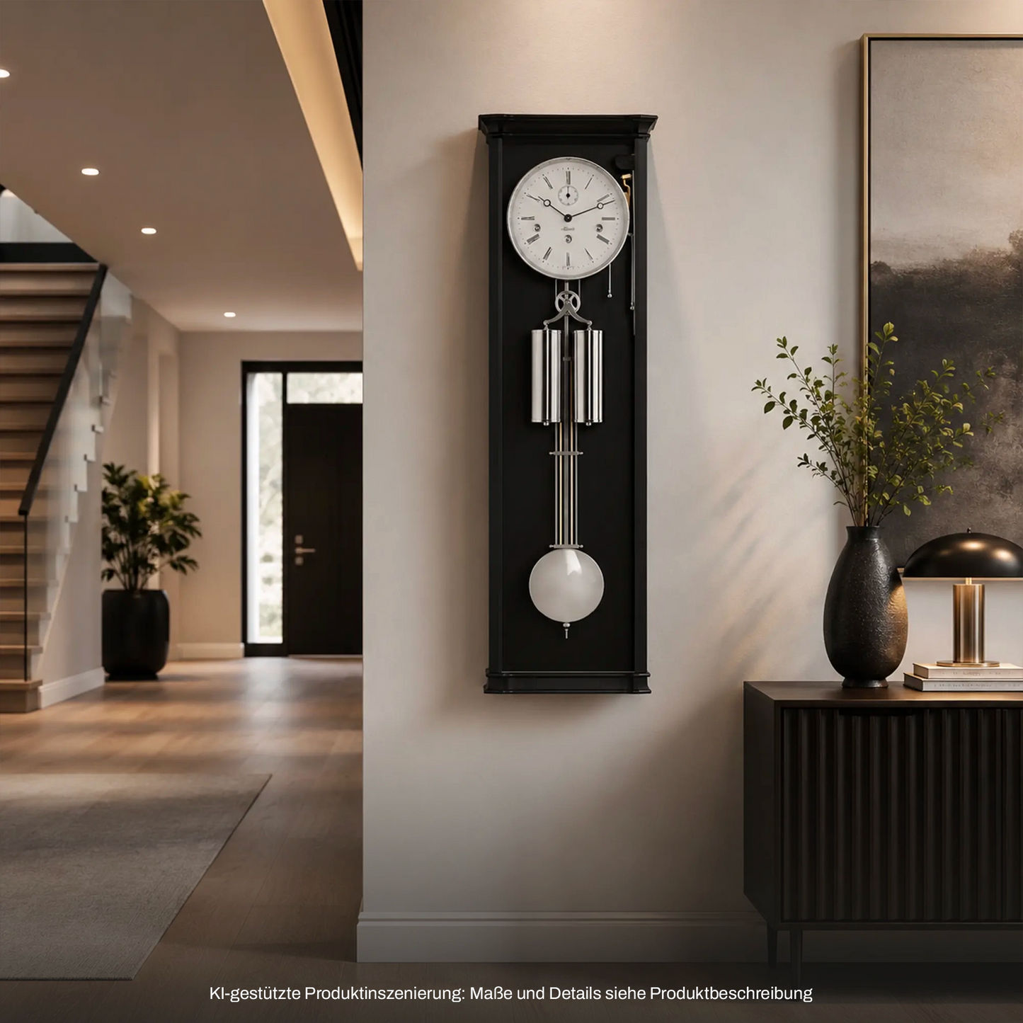 Schwarze Holz-Wanduhr mit weißem Ziffernblatt und Metallpendel