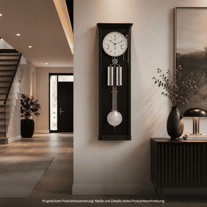 Schwarze Holz-Wanduhr mit weißem Ziffernblatt und Metallpendel