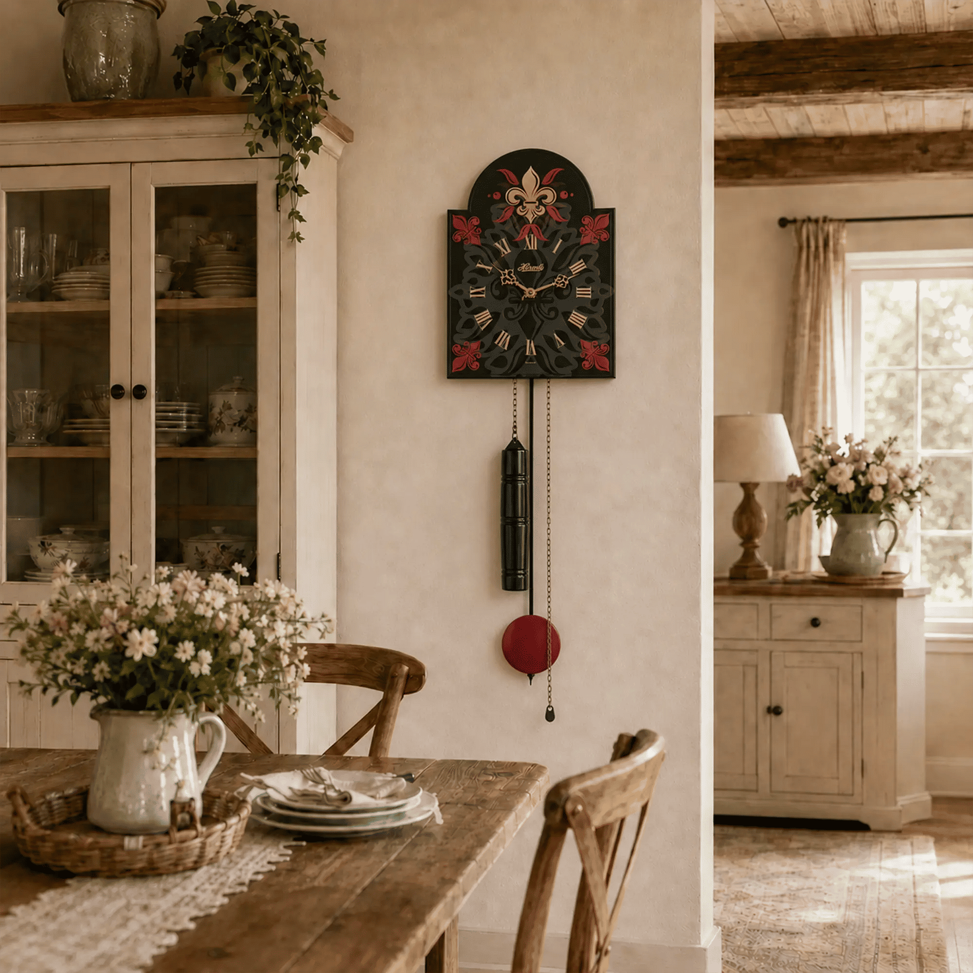 Wanduhr aus Holz mit schwarzem Zifferblatt, roten Akzenten und hängendem Pendel
