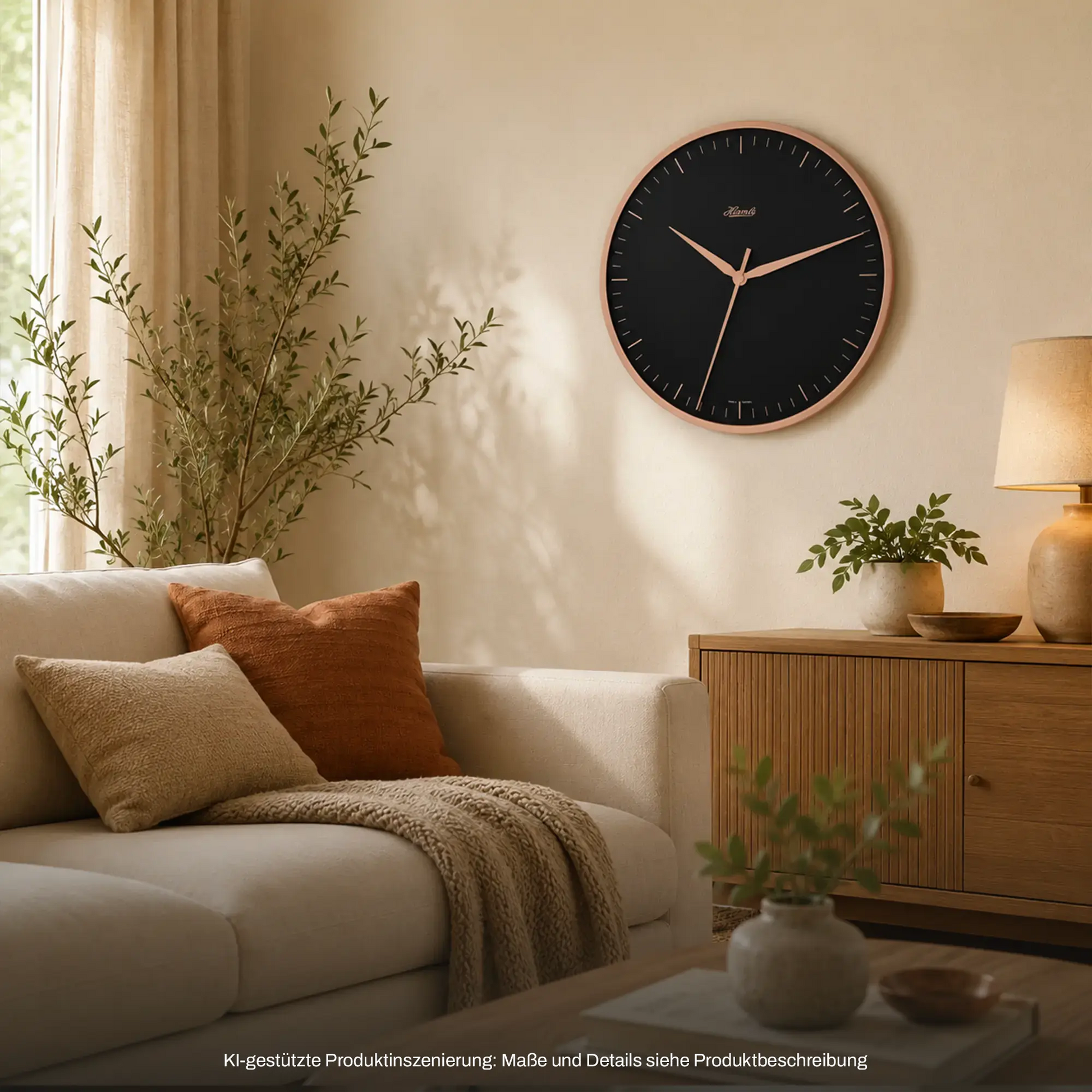 Wanduhr über dem Sofa: dunkles Zifferblatt, goldene Zeiger und schmaler Rahmen