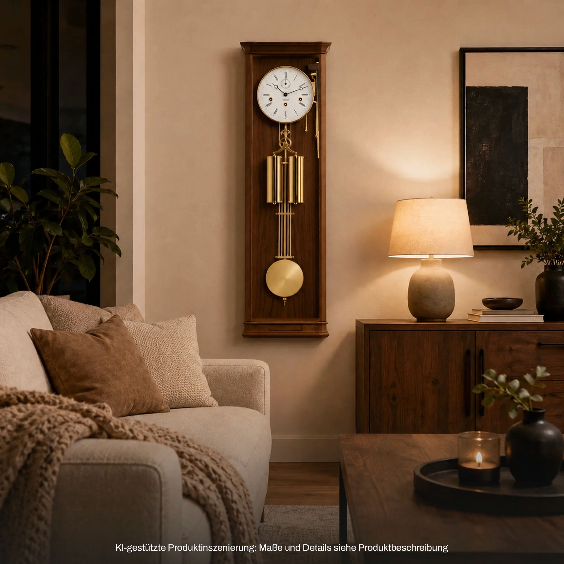 Holzwanduhr mit rundem Zifferblatt, Holzgehäuse und goldfarbenem Pendel mit Kugel