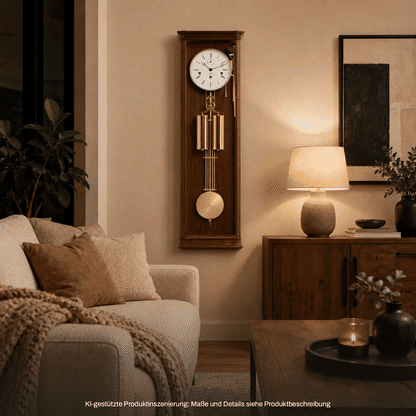 Holzwanduhr mit rundem Zifferblatt, Holzgehäuse und goldfarbenem Pendel mit Kugel