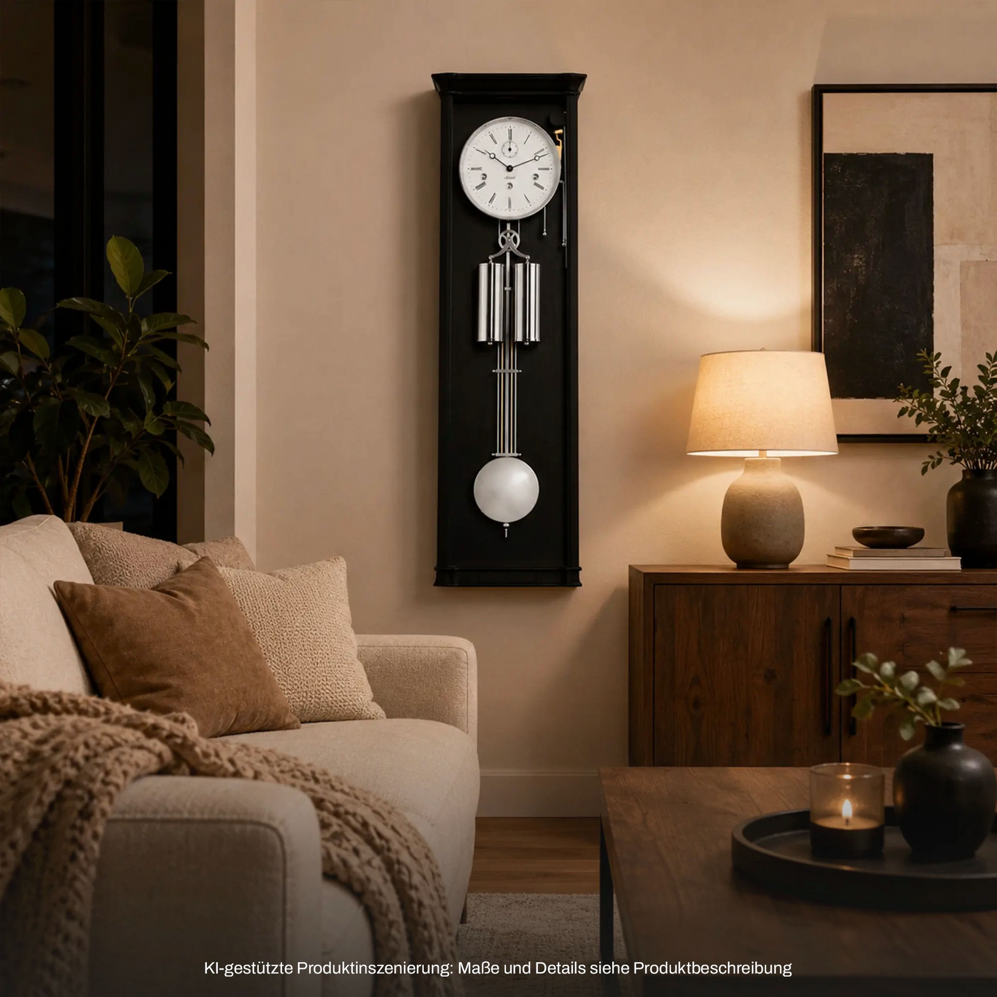 Wanduhr mit weißem Ziffernblatt, Metallpendel und schmalem schwarzem Rahmen