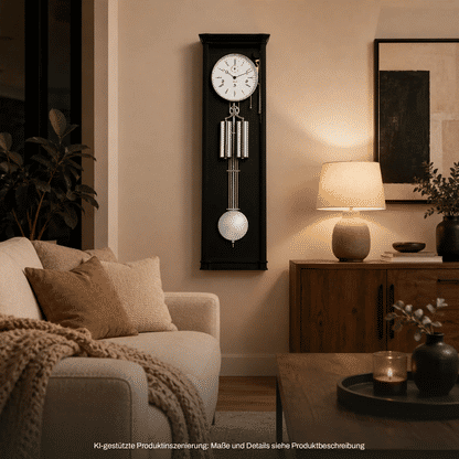 Wanduhr mit weißem Ziffernblatt, Metallpendel und schmalem schwarzem Rahmen
