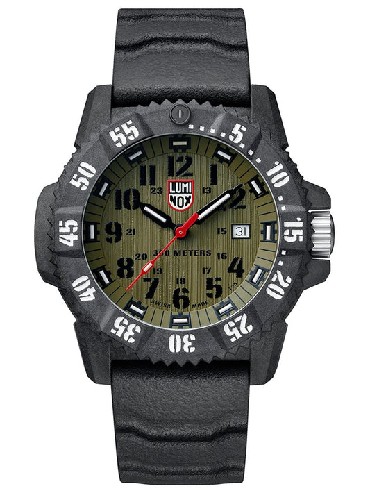 Herrenuhr mit grünem Zifferblatt, schwarzem Karbongehäuse, roten Zeigern und Datumsfenster