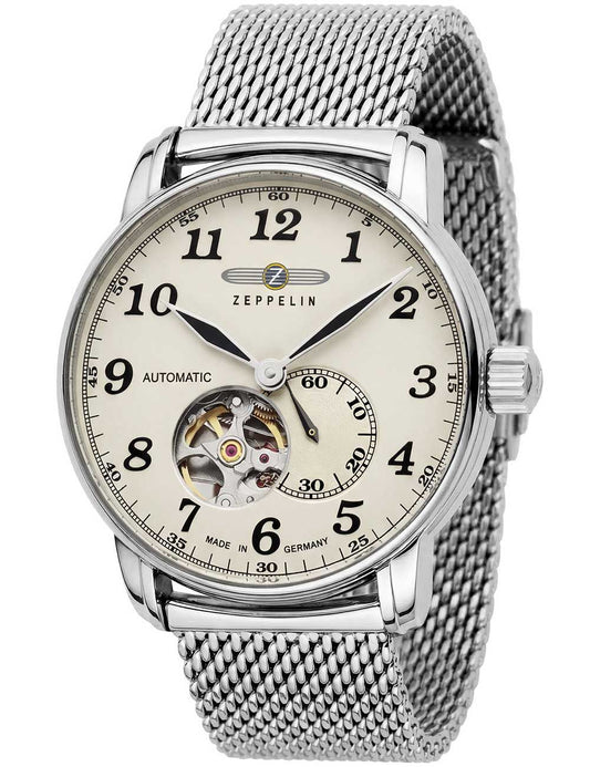 Zeppelin Herrenuhr mit hellem Zifferblatt und Edelstahl-Meshband, Open-Heart sichtbar
